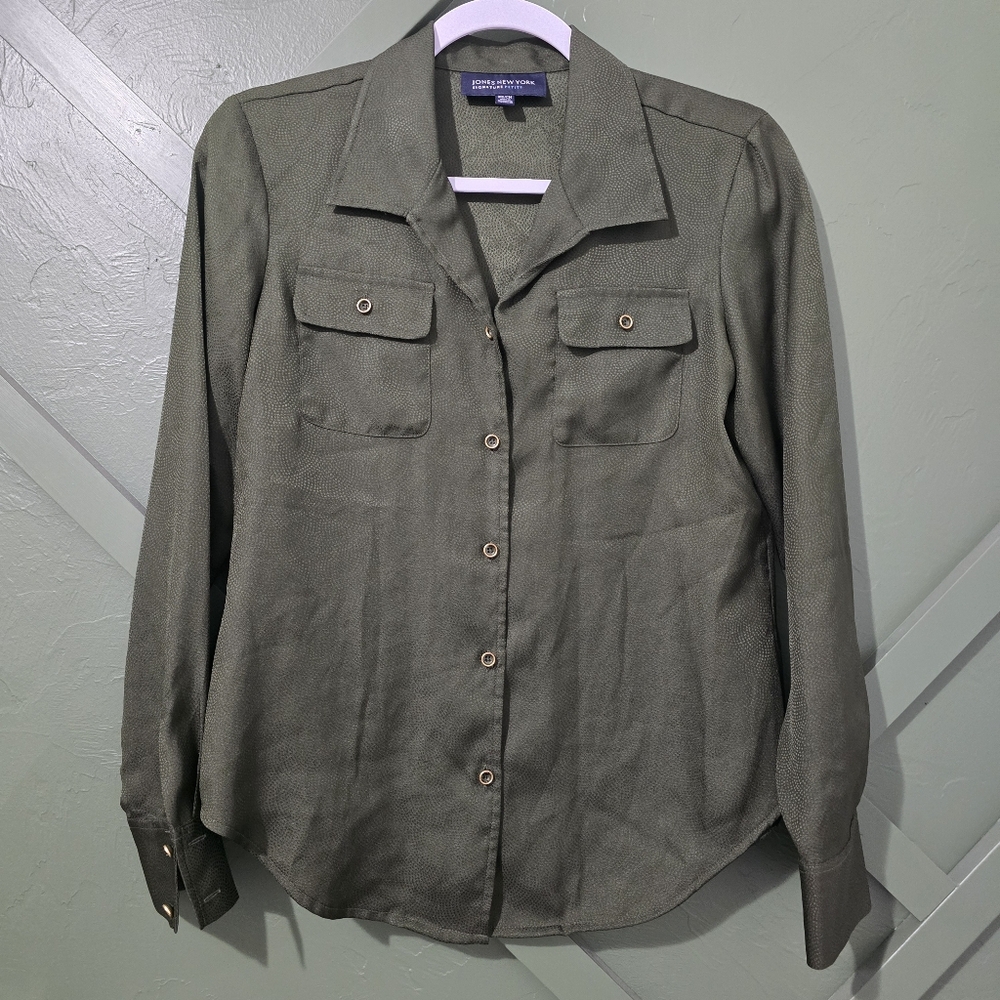 Jones New York Womens Green‎ Button Up Petite Small